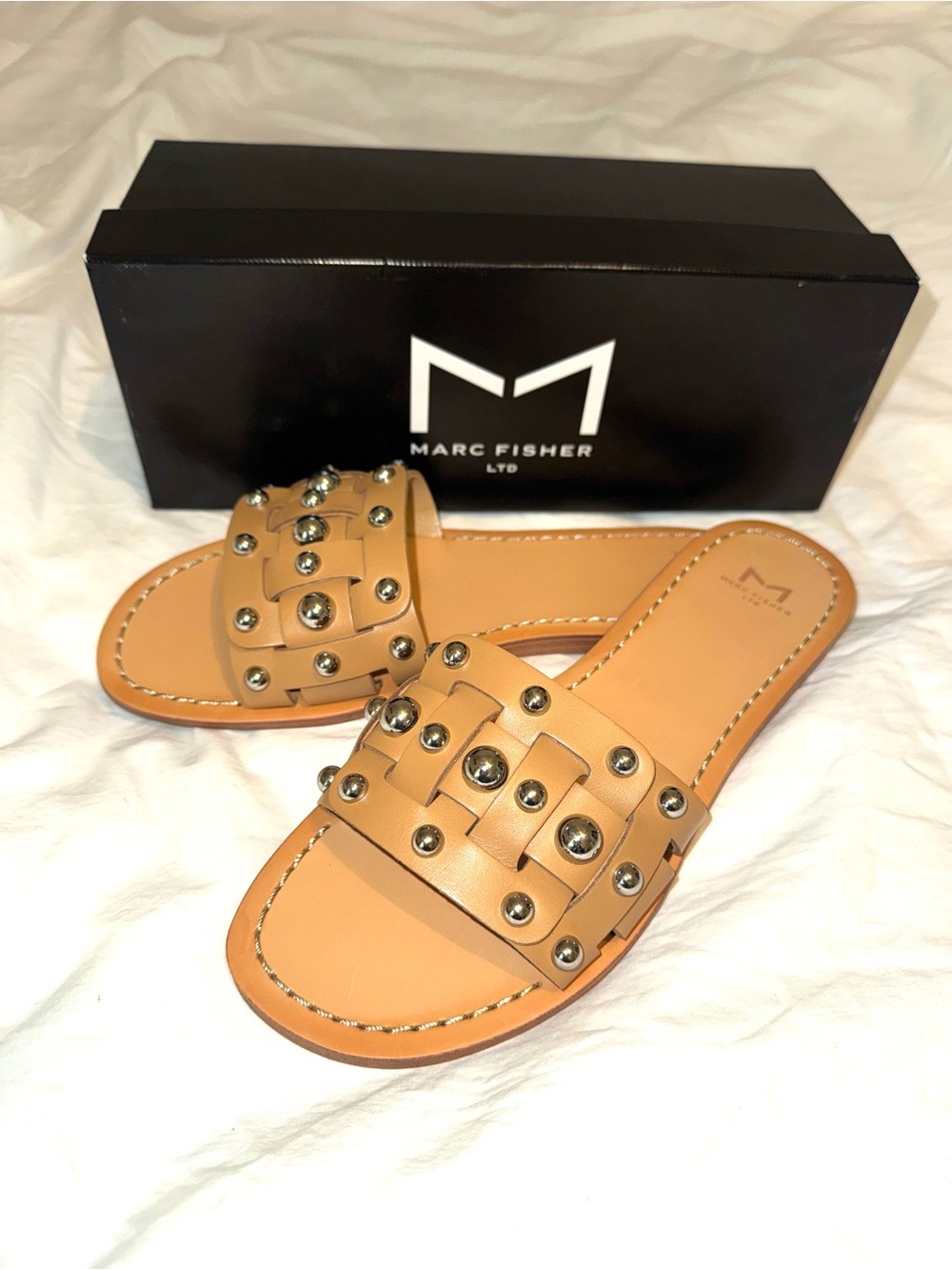 Marc Fisher Tan Leather Slide Sandals with Stud Detail